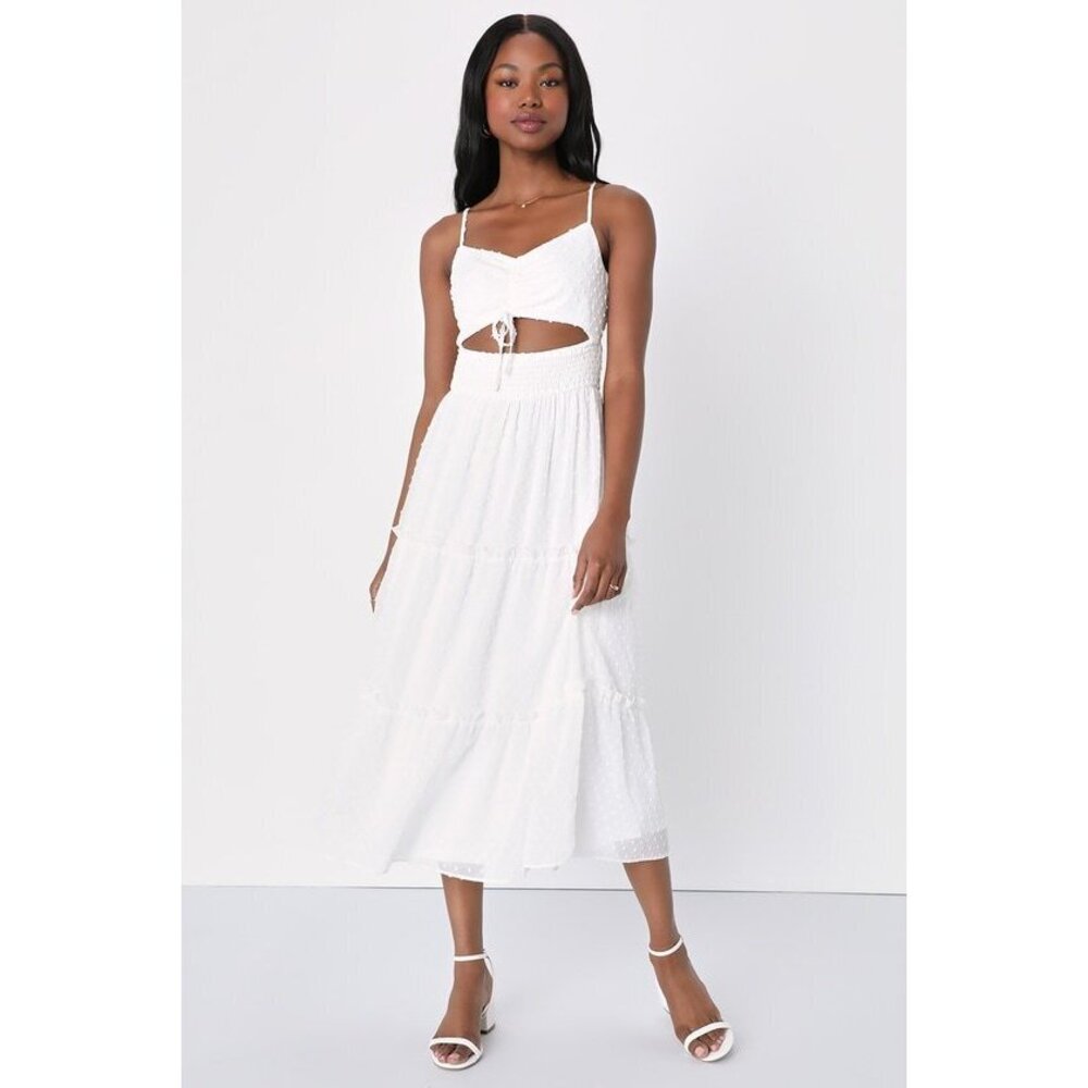 Lulus Flirting With Sunshine White Swiss Dot Cutout Tiered Midi Dress - Size S